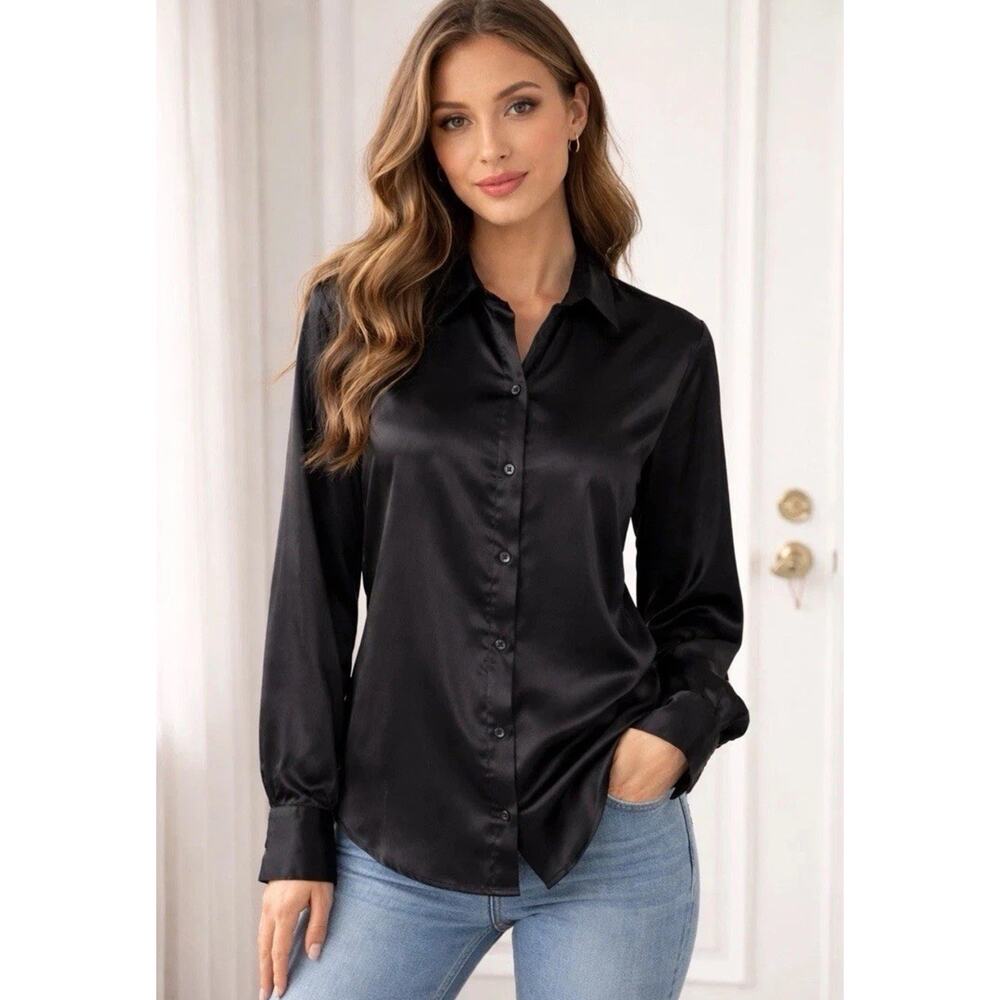 Banana Republic Black Sz XS Silky Button Down Shirt Classic Fit Blouse Collar